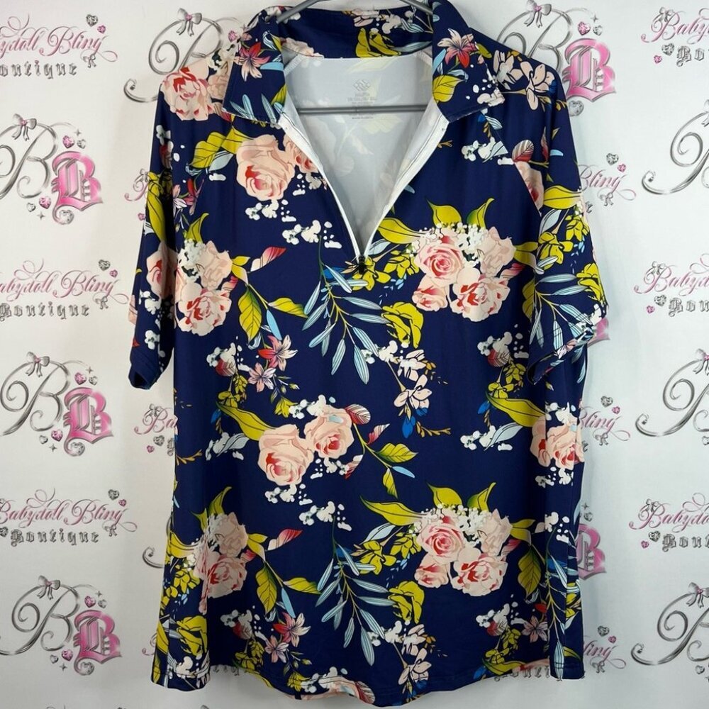 MoFiz tshirt tee half zip Floral flowers Shirt in Navy blue pink green white
